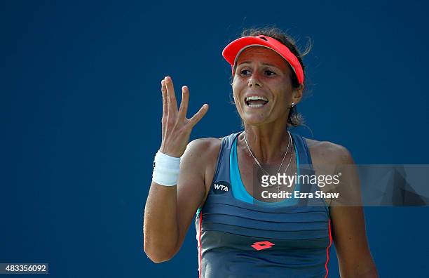 Varvara Lepchenko of the United States reacts after losing a point during her match against Mona Barthel of Germany during Day 5 of the Bank of the...