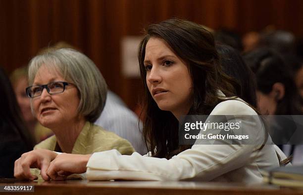 Aimee Pistorius sits in the Pretoria High Court on April 8 in Pretoria, South Africa. Oscar Pistorius stands accused of the murder of his girlfriend,...