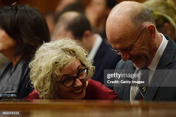 Arnold Pistorius and Lois Pistorius in the Pretoria High Court on April 8 in Pretoria, South Africa. Oscar Pistorius stands accused of the murder of...