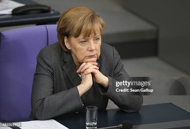 German Chancellor Angela Merkel attends debates over the government state budget at the Bundestag on April 8, 2014 in Berlin, Germany. The Bundestag...