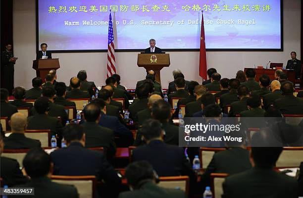 Secretary of Defense Chuck Hagel gives a speech at the National Defense University April 8, 2014 in Beijing, China. Secretary Hagel is on the second...