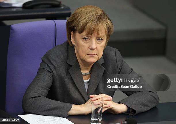 German Chancellor Angela Merkel attends debates over the government state budget at the Bundestag on April 8, 2014 in Berlin, Germany. The Bundestag...