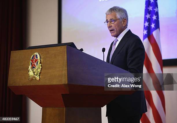 Secretary of Defense Chuck Hagel gives a speech at the National Defense University April 8, 2014 in Beijing, China. Secretary Hagel is on the second...