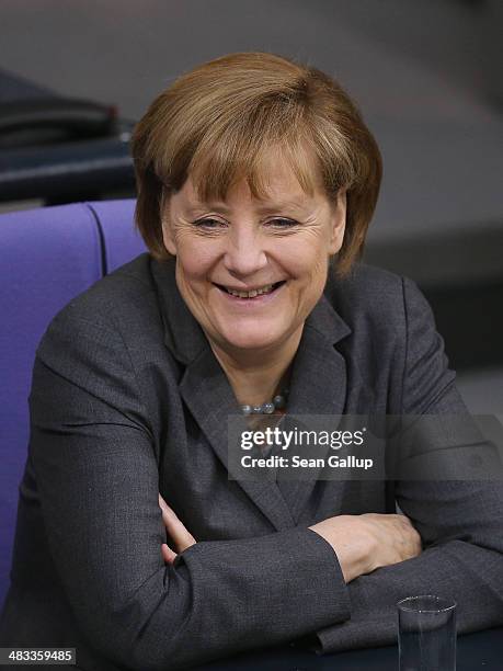 German Chancellor Angela Merkel attends debates over the government state budget at the Bundestag on April 8, 2014 in Berlin, Germany. The Bundestag...