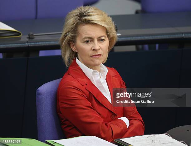 German Defense Minister Ursula von der Leyen attends debates over the government state budget at the Bundestag on April 8, 2014 in Berlin, Germany....
