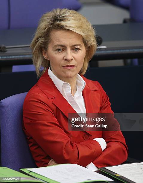 German Defense Minister Ursula von der Leyen attends debates over the government state budget at the Bundestag on April 8, 2014 in Berlin, Germany....