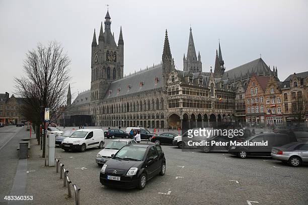 Cars are parekd near Les Halles in the Grote Markt on March 10, 2014 in Ypres, belgium. A number of events will be held this year to commemorate the...
