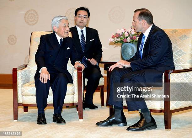 Japanese Emperor Akihito and Australian Prime Minister Tony Abbott talk during their meeting at the Imperial Palace on April 7, 2014 in Tokyo, Japan....