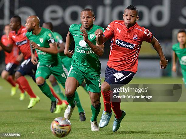Yesid Aponza of La Equidad struggles for the ball with Brayan Angulo of Independiente Medellín during a match between La Equidad and Independiente...