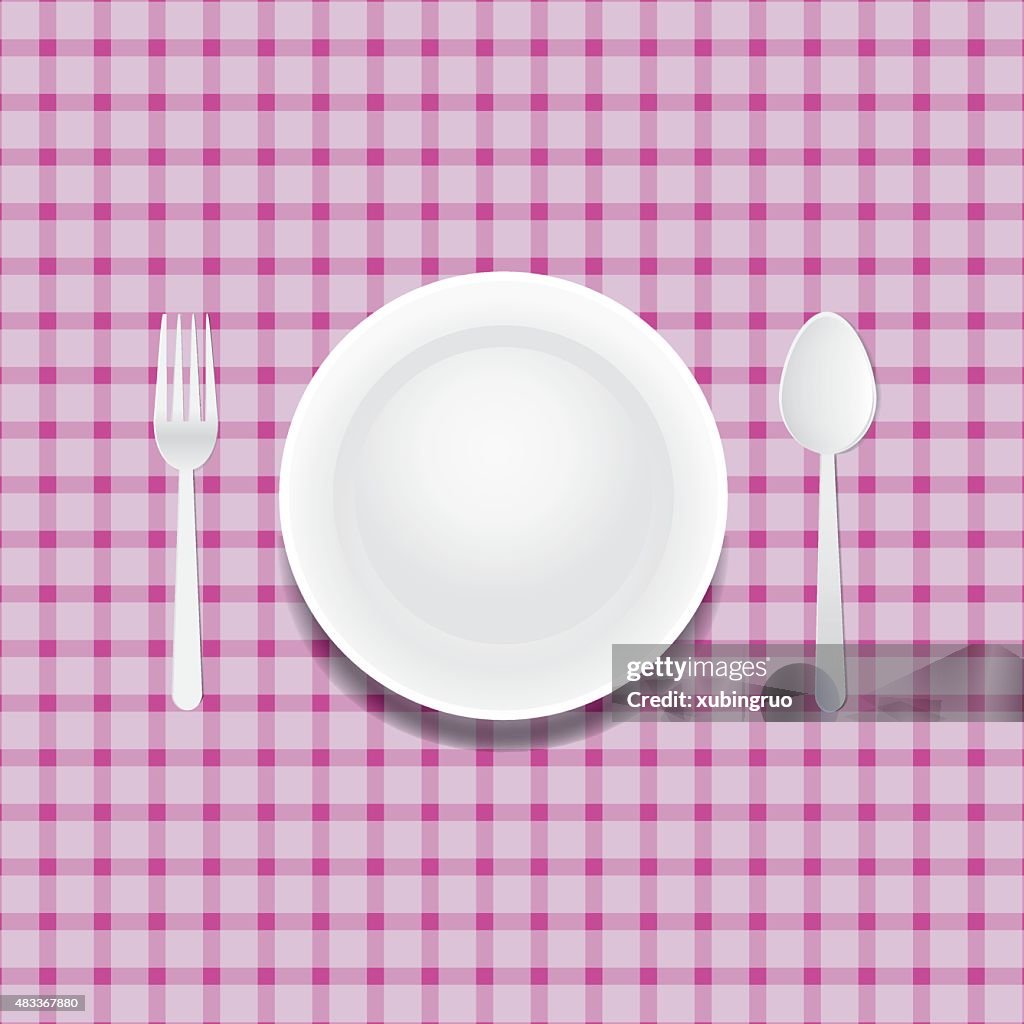 White plate on a checkered tablecloth