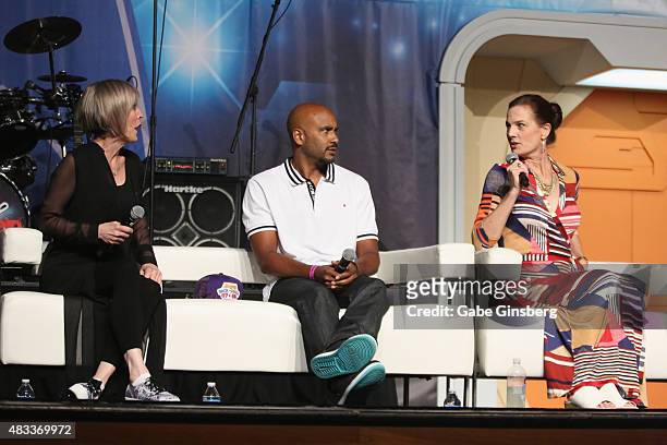Actors Nana Visitor, Cirroc Lofton and Terry Farrell speak during the "Star Trek: Deep Space Nine Favorites" panel at the 14th annual official Star...