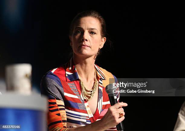Actress Terry Farrell speaks during the "Star Trek: Deep Space Nine Favorites" panel at the 14th annual official Star Trek convention at the Rio...