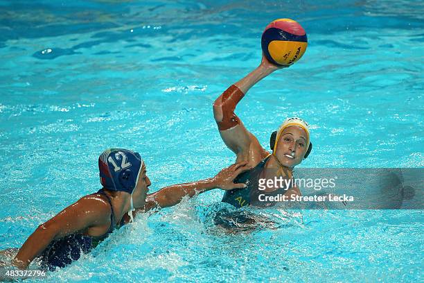 Glennie Mcghie of Australia is challenged by Teresa Frassinetti of Italy in the Women's bronze medal match between Australia and Italy on day...