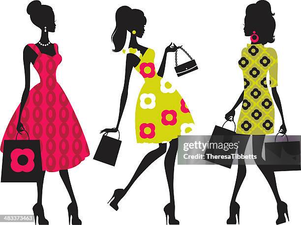 retro shopping mädchen - dress stock-grafiken, -clipart, -cartoons und -symbole