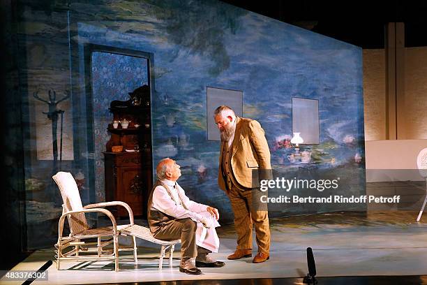 Actors Claude Brasseur and Yves Pignot perform in the 'La colere du Tigre' Theater play during the 31th Ramatuelle Festival : Day 6 on August 6, 2015...