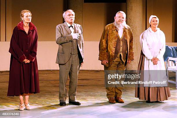 Actors Sophie Broustal, Claude Brasseur, Yves Pignot and Marie-Christine Danede acknowledge the applause of the audience at the end of the 'La colere...