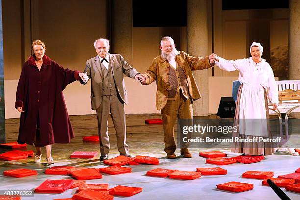 Actors Sophie Broustal, Claude Brasseur, Yves Pignot and Marie-Christine Danede acknowledge the applause of the audience whyle the traditional throw...