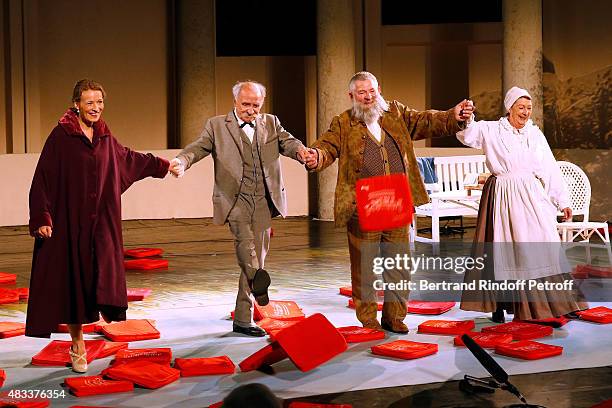 Actors Sophie Broustal, Claude Brasseur, Yves Pignot and Marie-Christine Danede acknowledge the applause of the audience whyle the traditional throw...