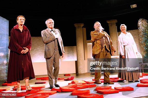 Actors Sophie Broustal, Claude Brasseur, Yves Pignot and Marie-Christine Danede acknowledge the applause of the audience whyle the traditional throw...