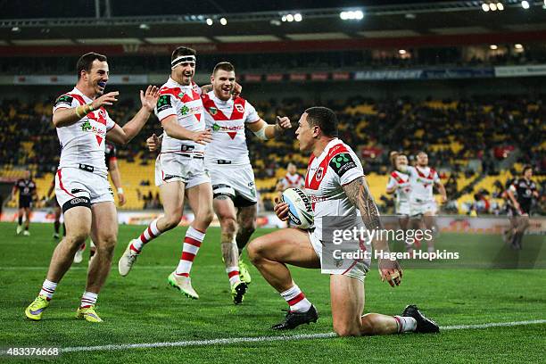 Tyson Frizell of the Dragons celebrates after scoring a try during the round 22 NRL match between the New Zealand Warriors and the St George...