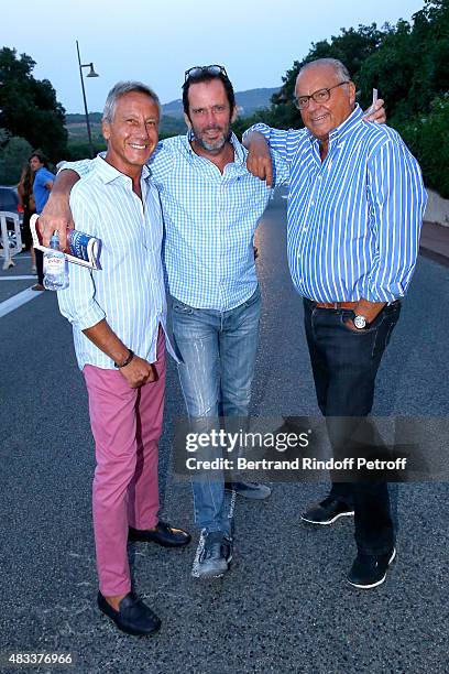 Actor Christian Vadim standing between Producer Gerard Louvin and his assistant Claude Moine attend the 'La Venus a la Fourrure' Theater play during...