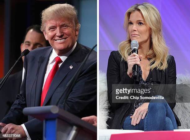In this composite image a comparison has been made between Donald Trump and Megyn Kelly NEW YORK, NY : Megyn Kelly, FOX News Channel Anchor speaks...
