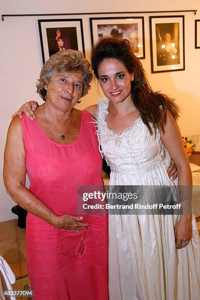 President of Ramatuelle Festival Jacqueline Franjou and actress Marie Gillain pose Backstage after the 'La Venus a la Fourrure' Theater play during...