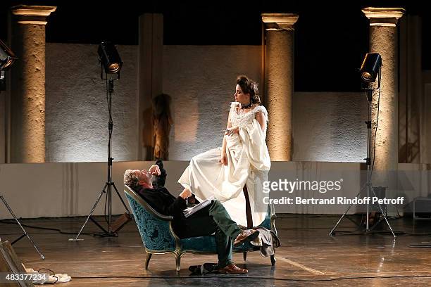 Actors Nicolas Briancon and Marie Gillain perform in the 'La Venus a la Fourrure' Theater play during the 31th Ramatuelle Festival : Day 7, on August...