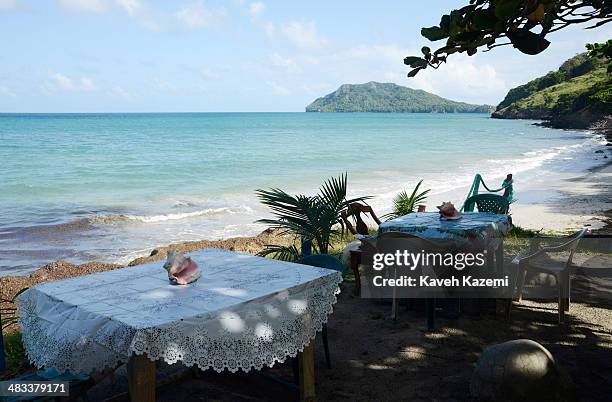 Sea view from a small chill out place with tables laid out by the sea front awaiting tourists seen on January 25, 2014 in Providencia, Colombia....