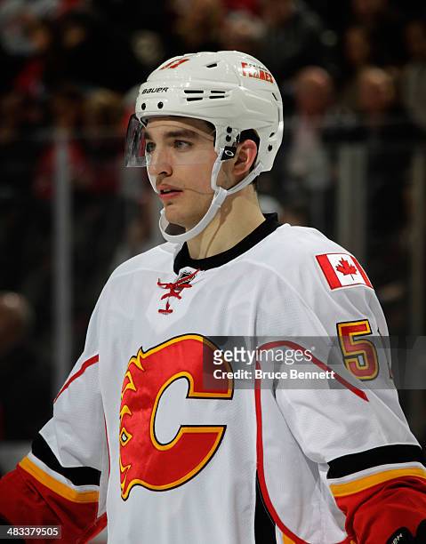 Ken Agostino of the Calgary Flames skates against the New Jersey Devils at the Prudential Center on April 7, 2014 in Newark, New Jersey. The Flames...