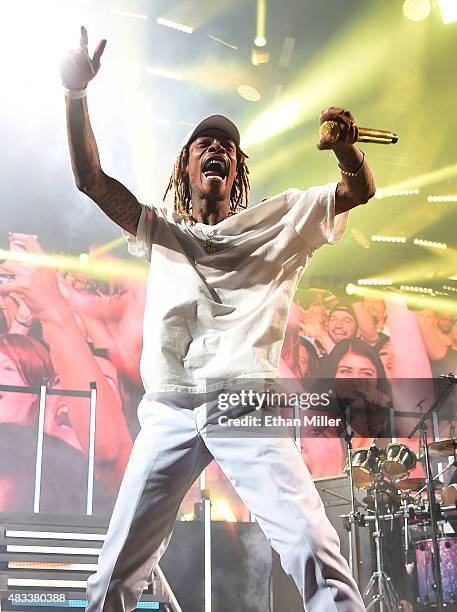 Rapper Wiz Khalifa performs at the Mandalay Bay Events Center during a stop of the Boys of Zummer tour on August 7, 2015 in Las Vegas, Nevada.