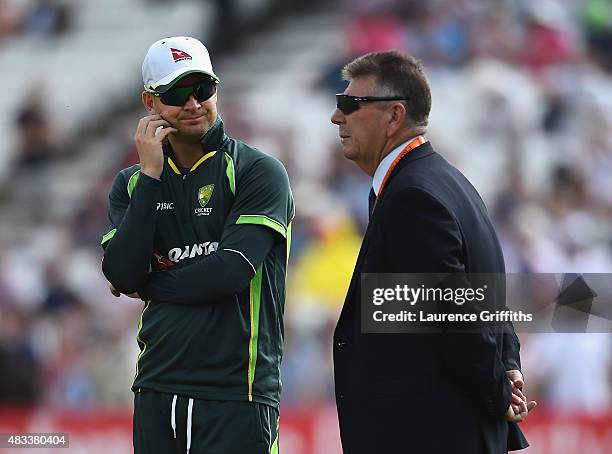 Michael Clarke of Australia speaks with Rod Marsh prior to day three of the 4th Investec Ashes Test match between England and Australia at Trent...