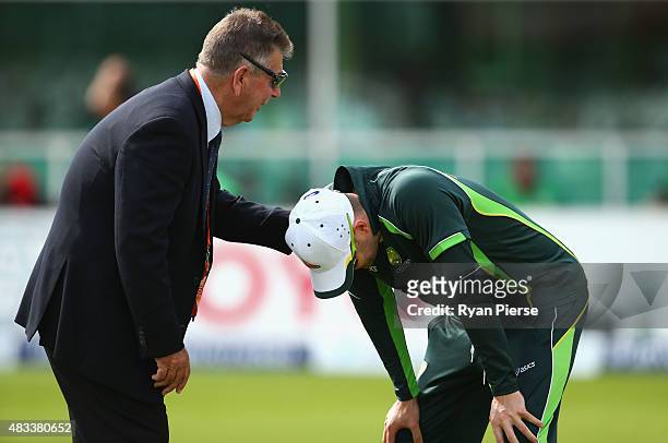 Australian Chairman of Selectors Rod Marsh speaks to Michael Clarke of Australia before play during day three of the 4th Investec Ashes Test match...