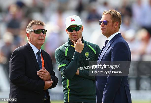 Australian Chairman of Selectors Rod Marsh speaks to Michael Clarke of Australia and former Australian Test Bowler Shane Warne before play during day...