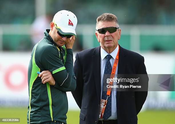 Australian Chairman of Selectors Rod Marsh speaks to Michael Clarke of Australia before play during day three of the 4th Investec Ashes Test match...