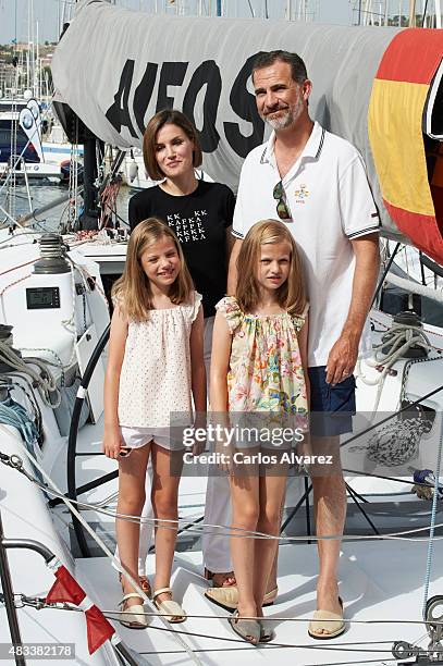 King Felipe VI of Spain, Queen Letizia of Spain and their daugthers Princess Leonor of Spain and Princess Sofia of Spain visit the Aifos boat during...