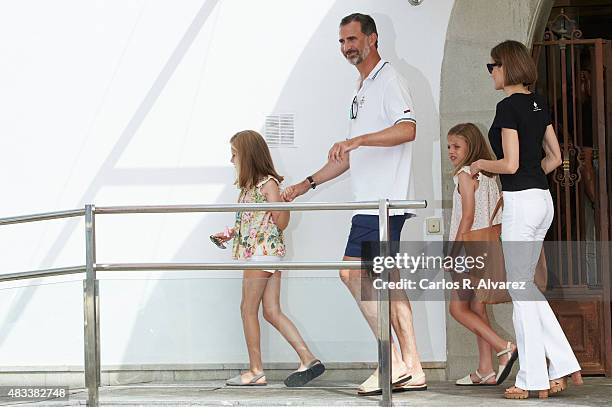 King Felipe VI of Spain, Queen Letizia of Spain and their daugthers Princess Leonor of Spain and Princess Sofia of Spain arrive at the Royal Nautical...