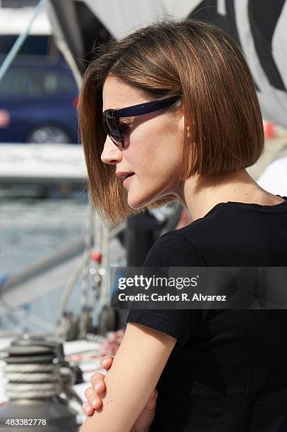 Queen Letizia of Spain visits the Aifos boat during the last day of 34th Copa del Rey Mapfre Sailing Cup on August 8, 2015 in Palma de Mallorca,...