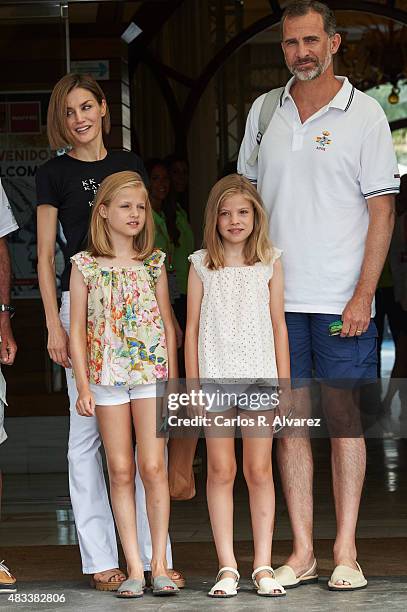 King Felipe VI of Spain, Queen Letizia of Spain and their daugthers Princess Leonor of Spain and Princess Sofia of Spain arrive at the Royal Nautical...