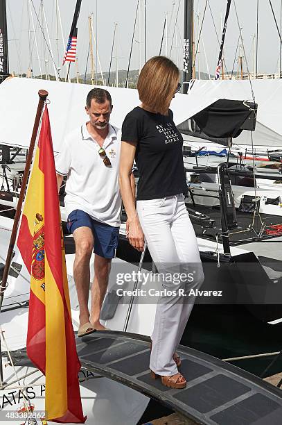 King Felipe VI of Spain and Queen Letizia of Spain visit the Aifos boat during the last day of 34th Copa del Rey Mapfre Sailing Cup on August 8, 2015...