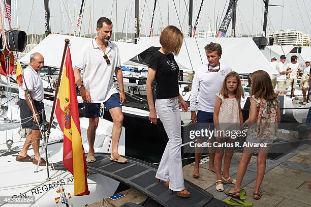 King Felipe VI of Spain, Queen Letizia of Spain and their daugthers Princess Leonor of Spain and Princess Sofia of Spain visit the Aifos boat during...