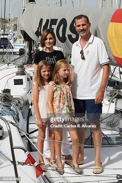 King Felipe VI of Spain, Queen Letizia of Spain and their daugthers Princess Leonor of Spain and Princess Sofia of Spain visit the Aifos boat during...