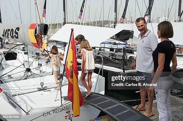 King Felipe VI of Spain, Queen Letizia of Spain and their daugthers Princess Leonor of Spain and Princess Sofia of Spain visit the Aifos boat during...