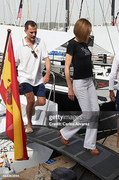 King Felipe VI of Spain and Queen Letizia of Spain visit the Aifos boat during the last day of 34th Copa del Rey Mapfre Sailing Cup on August 8, 2015...