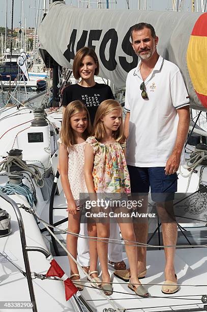 King Felipe VI of Spain, Queen Letizia of Spain and their daugthers Princess Leonor of Spain and Princess Sofia of Spain visit the Aifos boat during...