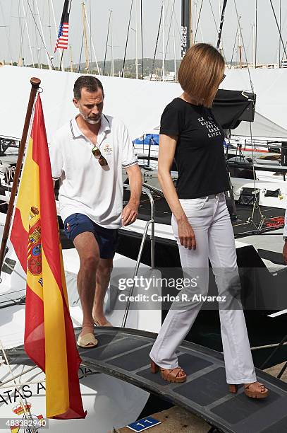 King Felipe VI of Spain and Queen Letizia of Spain visit the Aifos boat during the last day of 34th Copa del Rey Mapfre Sailing Cup on August 8, 2015...