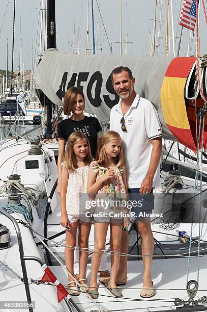 King Felipe VI of Spain, Queen Letizia of Spain and their daugthers Princess Leonor of Spain and Princess Sofia of Spain visit the Aifos boat during...