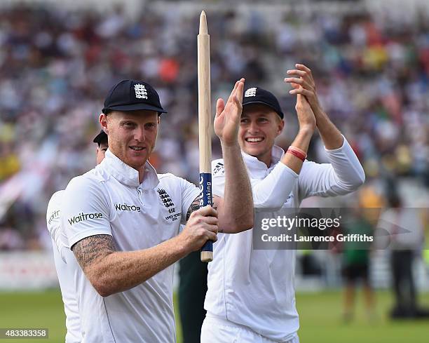 Ben Stokes and Joe Root of England celebrates winning the Ashes during day three of the 4th Investec Ashes Test match between England and Australia...
