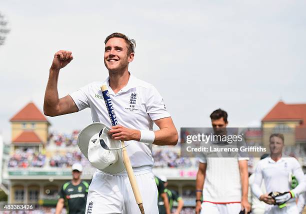 Stuart Broad of England clebrates winning the Ashes during day three of the 4th Investec Ashes Test match between England and Australia at Trent...