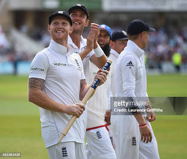 Ben Stokes and Stuart Broad of England celebrates winning the Ashes during day three of the 4th Investec Ashes Test match between England and...